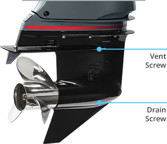 Yamaha outboard with the vent screw and drain screw highlighted.