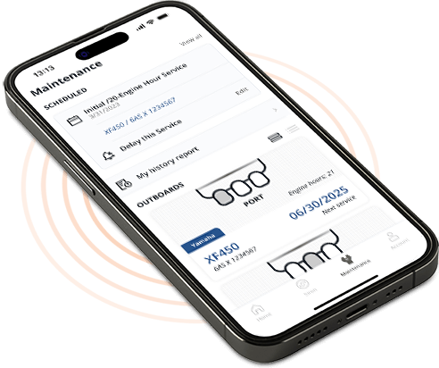 A phone with the Siren Marine App open to maintenance information.