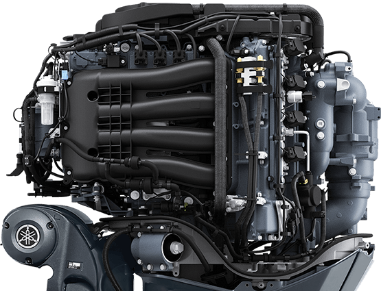 A Yamaha outboard engine without its cowl.